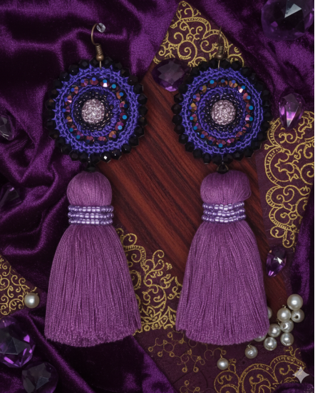 Háčkované  dizajnové náušnice "Fialová koláž"